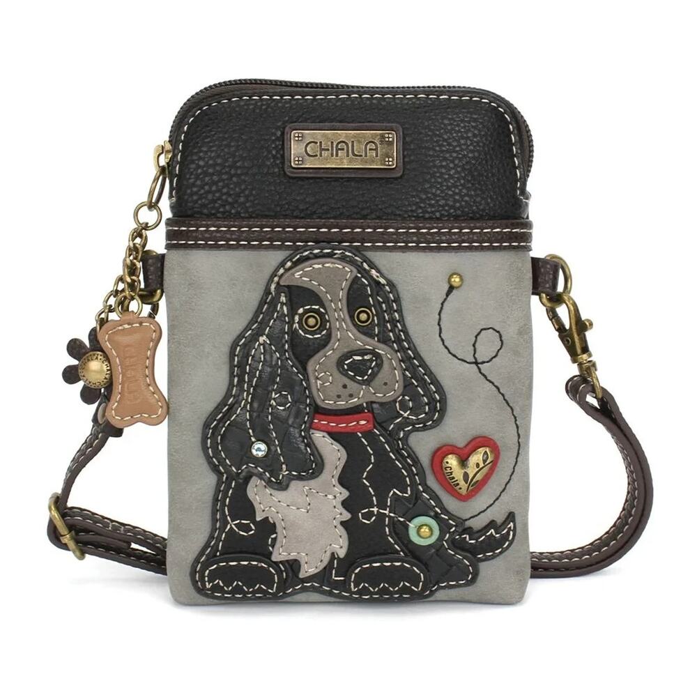 Chala Faux Leather Cellphone Crossbody Purse - Black Cocker Spaniel, Gray NWT